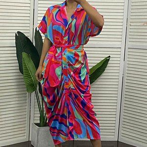 ChicMe Abstract Print Ruched Button Down Shirt Dress